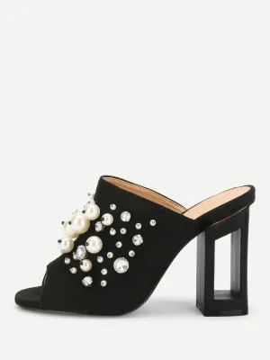 Faux Pearl Decorated Chunky Heeled Mules