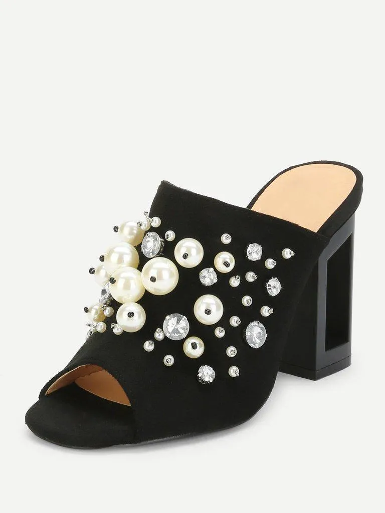 Faux Pearl Decorated Chunky Heeled Mules