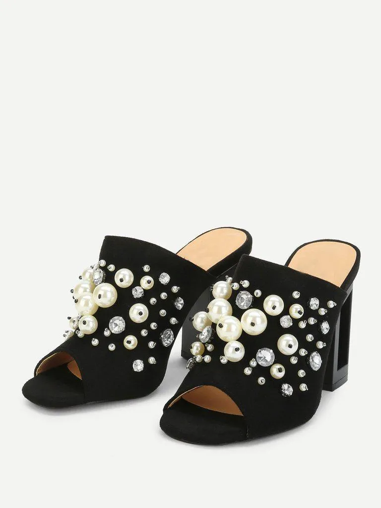 Faux Pearl Decorated Chunky Heeled Mules