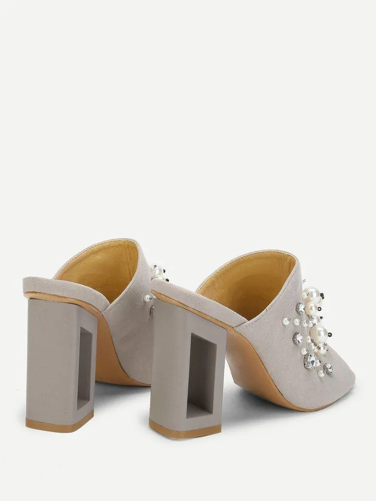 Faux Pearl Decorated Chunky Heeled Mules