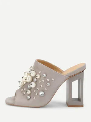 Faux Pearl Decorated Chunky Heeled Mules
