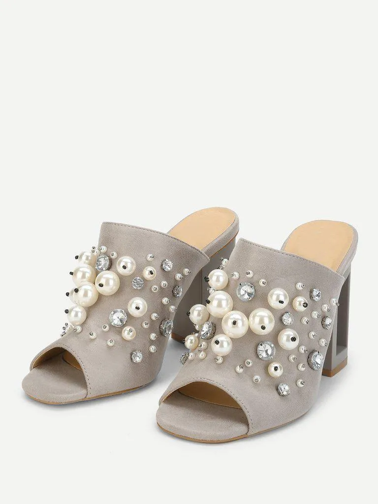 Faux Pearl Decorated Chunky Heeled Mules