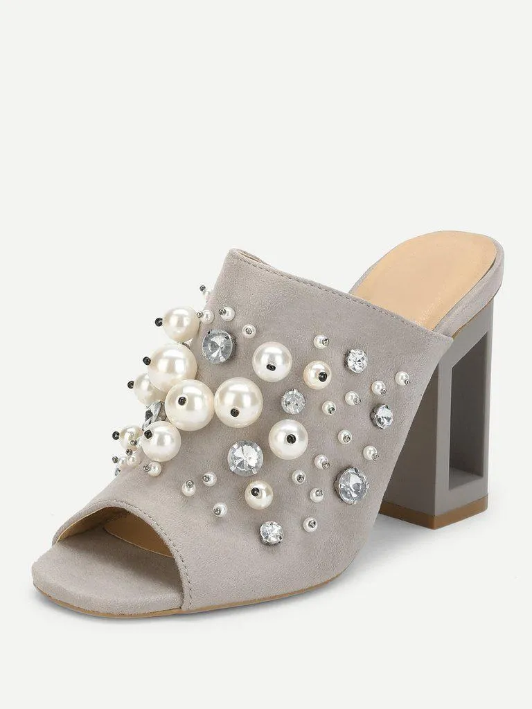 Faux Pearl Decorated Chunky Heeled Mules