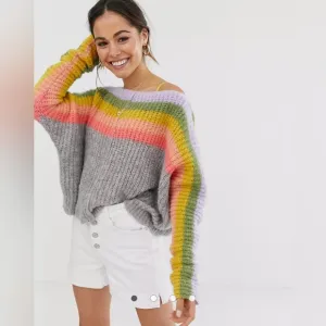 Free People See the Rainbow Grey Rainbow Striped Sweater