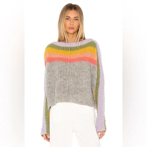 Free People See the Rainbow Grey Rainbow Striped Sweater