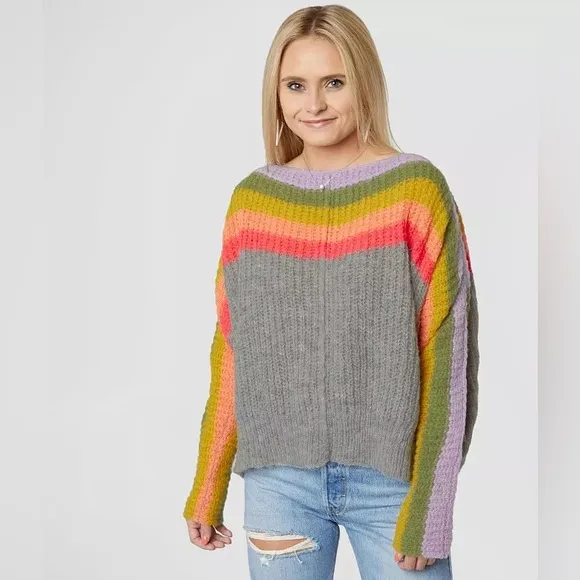 Free People See the Rainbow Grey Rainbow Striped Sweater