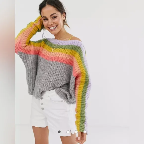 Free People See the Rainbow Grey Rainbow Striped Sweater