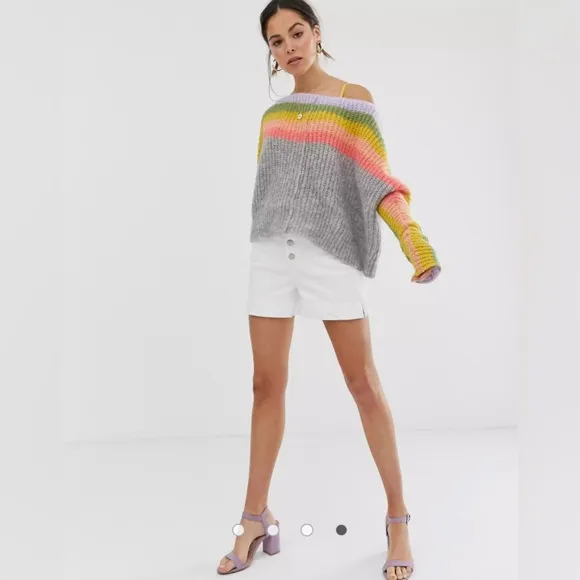 Free People See the Rainbow Grey Rainbow Striped Sweater
