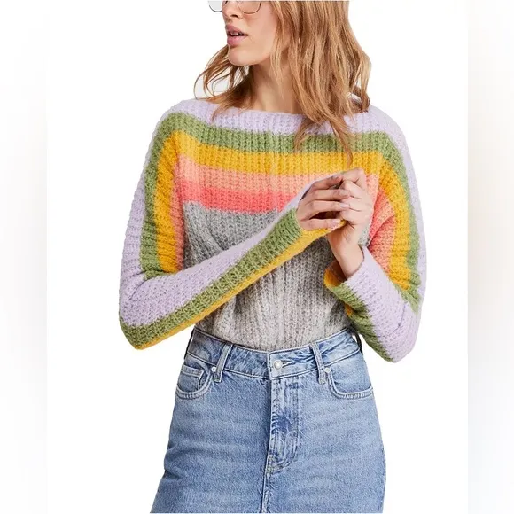 Free People See the Rainbow Grey Rainbow Striped Sweater