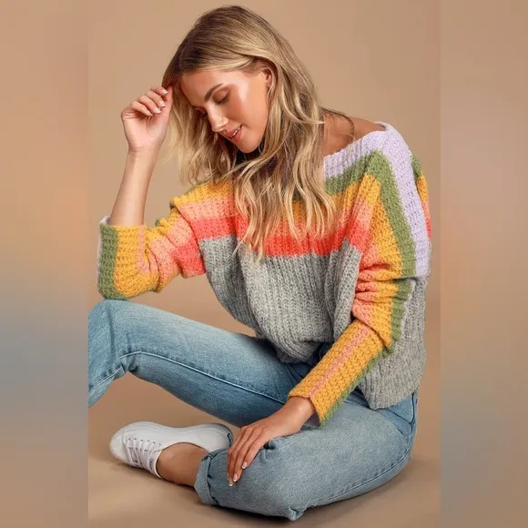 Free People See the Rainbow Grey Rainbow Striped Sweater