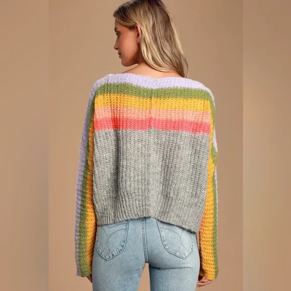 Free People See the Rainbow Grey Rainbow Striped Sweater