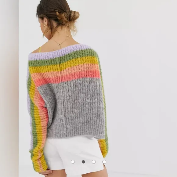 Free People See the Rainbow Grey Rainbow Striped Sweater