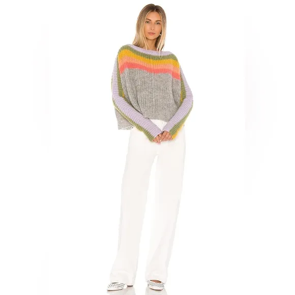 Free People See the Rainbow Grey Rainbow Striped Sweater