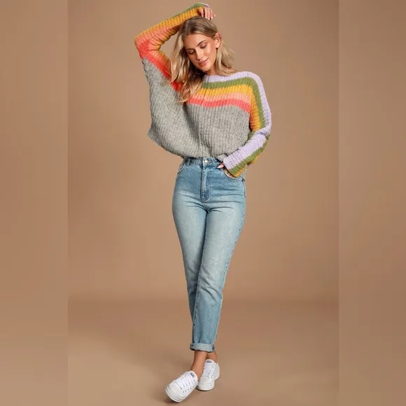 Free People See the Rainbow Grey Rainbow Striped Sweater