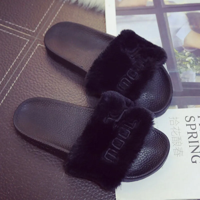 Fur Sandals Slippers Women Flat Slip On Fur Slides Mules Shoes Gladiator Sandals