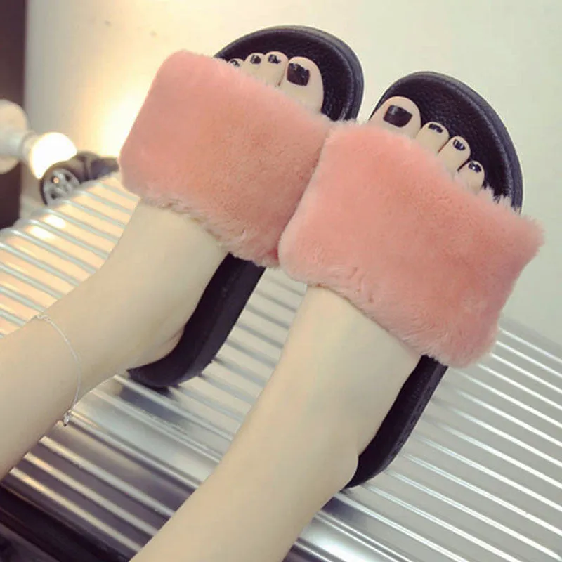 Fur Sandals Slippers Women Flat Slip On Fur Slides Mules Shoes Gladiator Sandals
