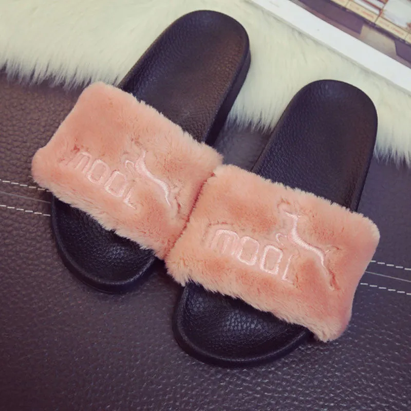 Fur Sandals Slippers Women Flat Slip On Fur Slides Mules Shoes Gladiator Sandals