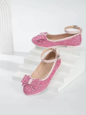 Girls Glitter Bow Decor Ankle Strap Flats- FD