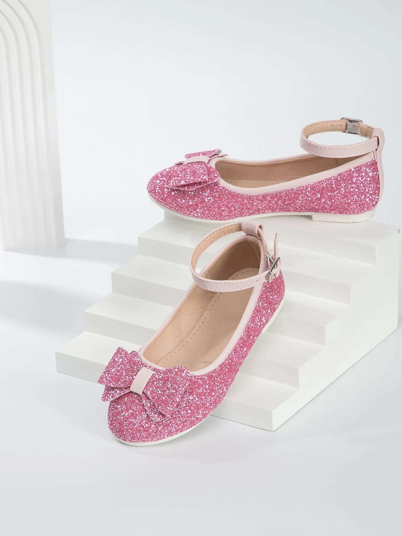 Girls Glitter Bow Decor Ankle Strap Flats- FD