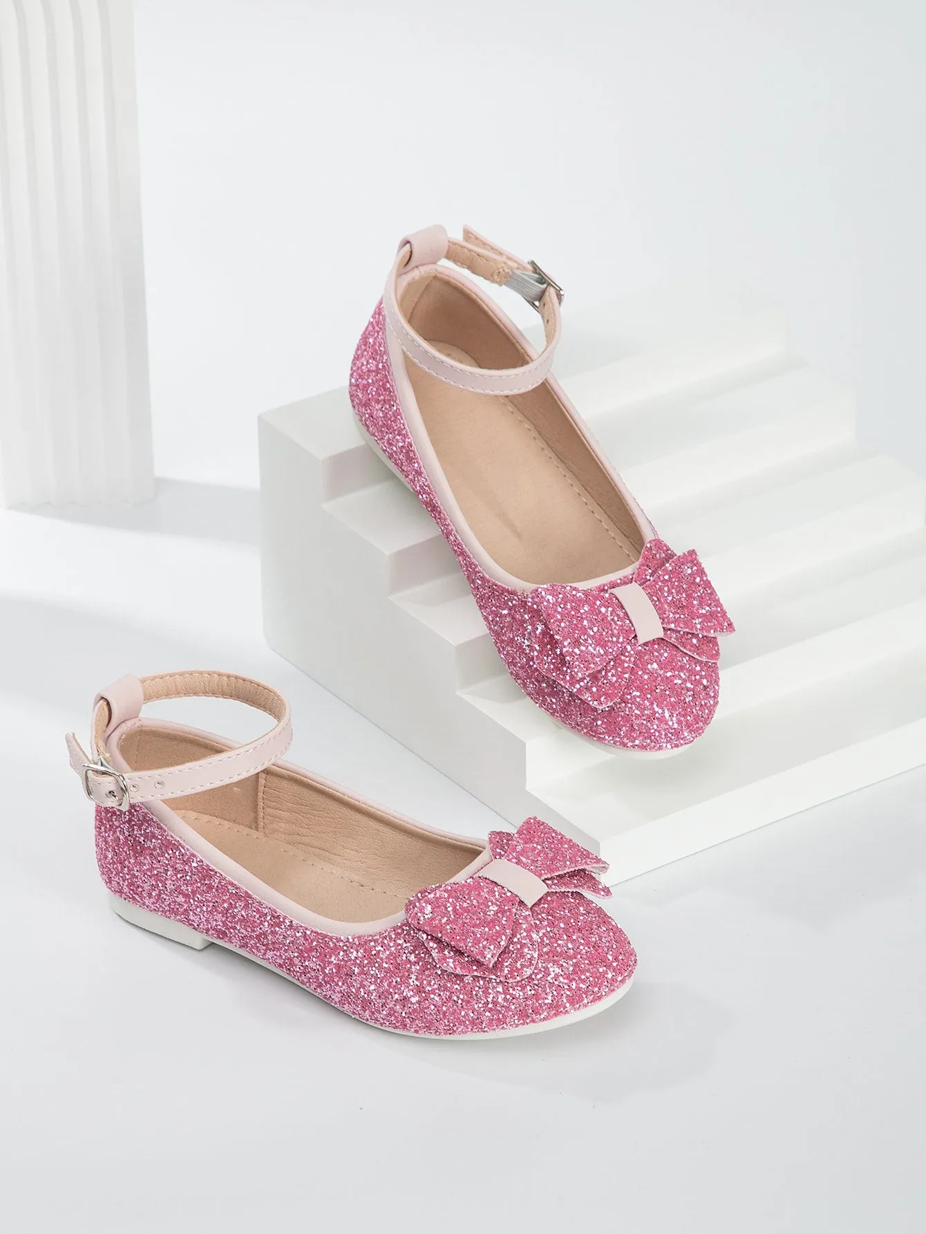 Girls Glitter Bow Decor Ankle Strap Flats- FD
