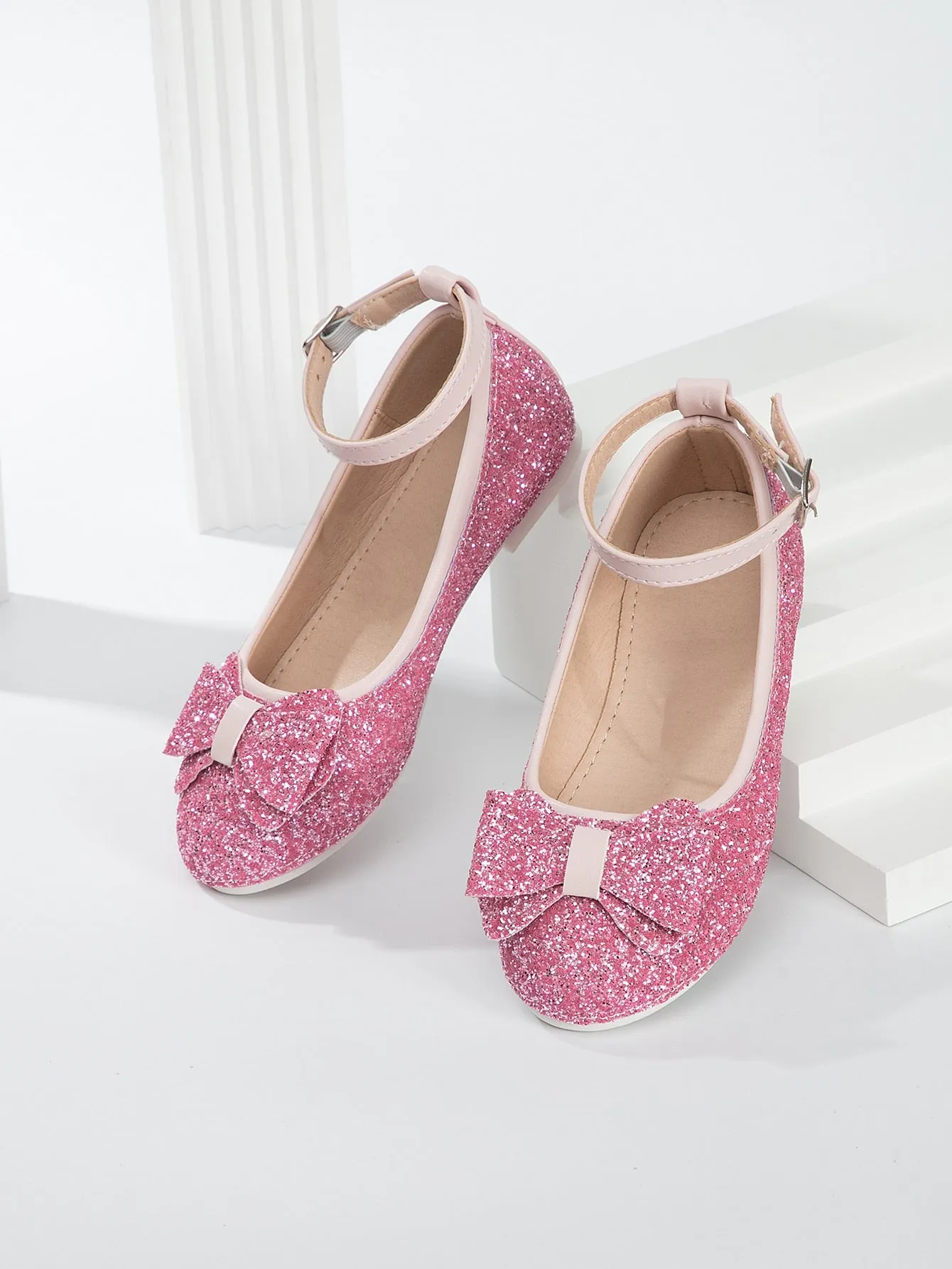 Girls Glitter Bow Decor Ankle Strap Flats- FD