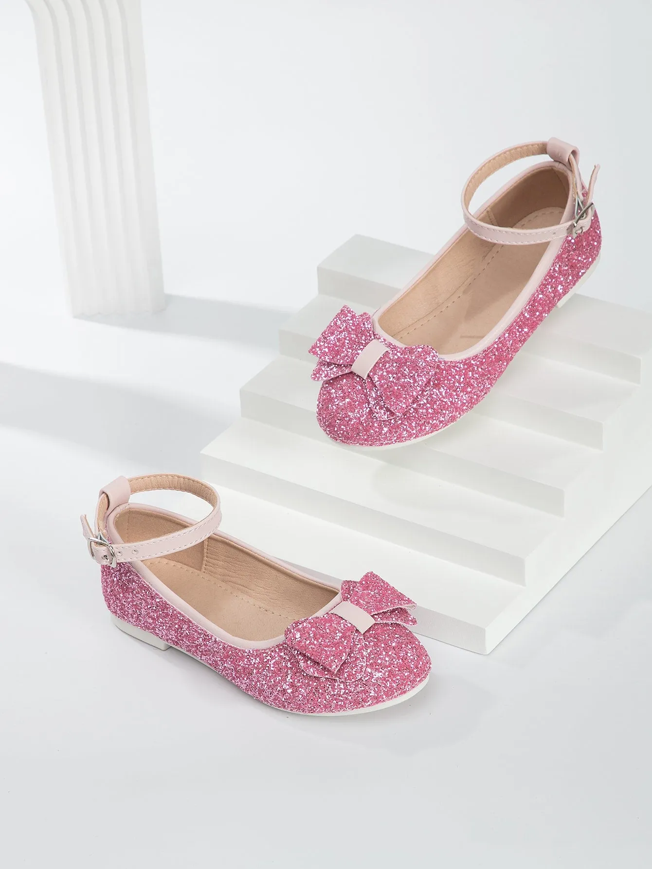 Girls Glitter Bow Decor Ankle Strap Flats- FD