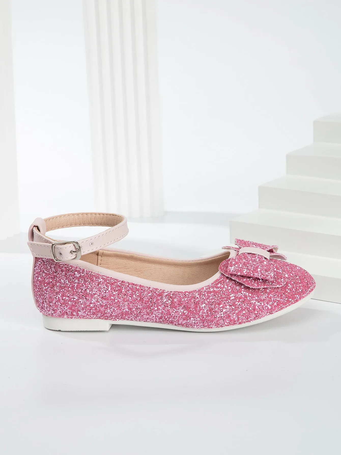 Girls Glitter Bow Decor Ankle Strap Flats- FD