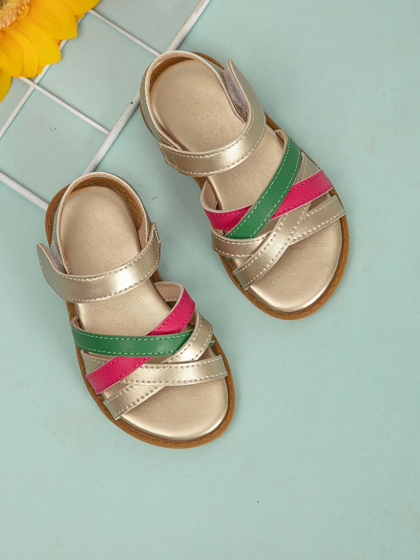 Girls Metallic Color Block Ankle Strap Sandals- FD