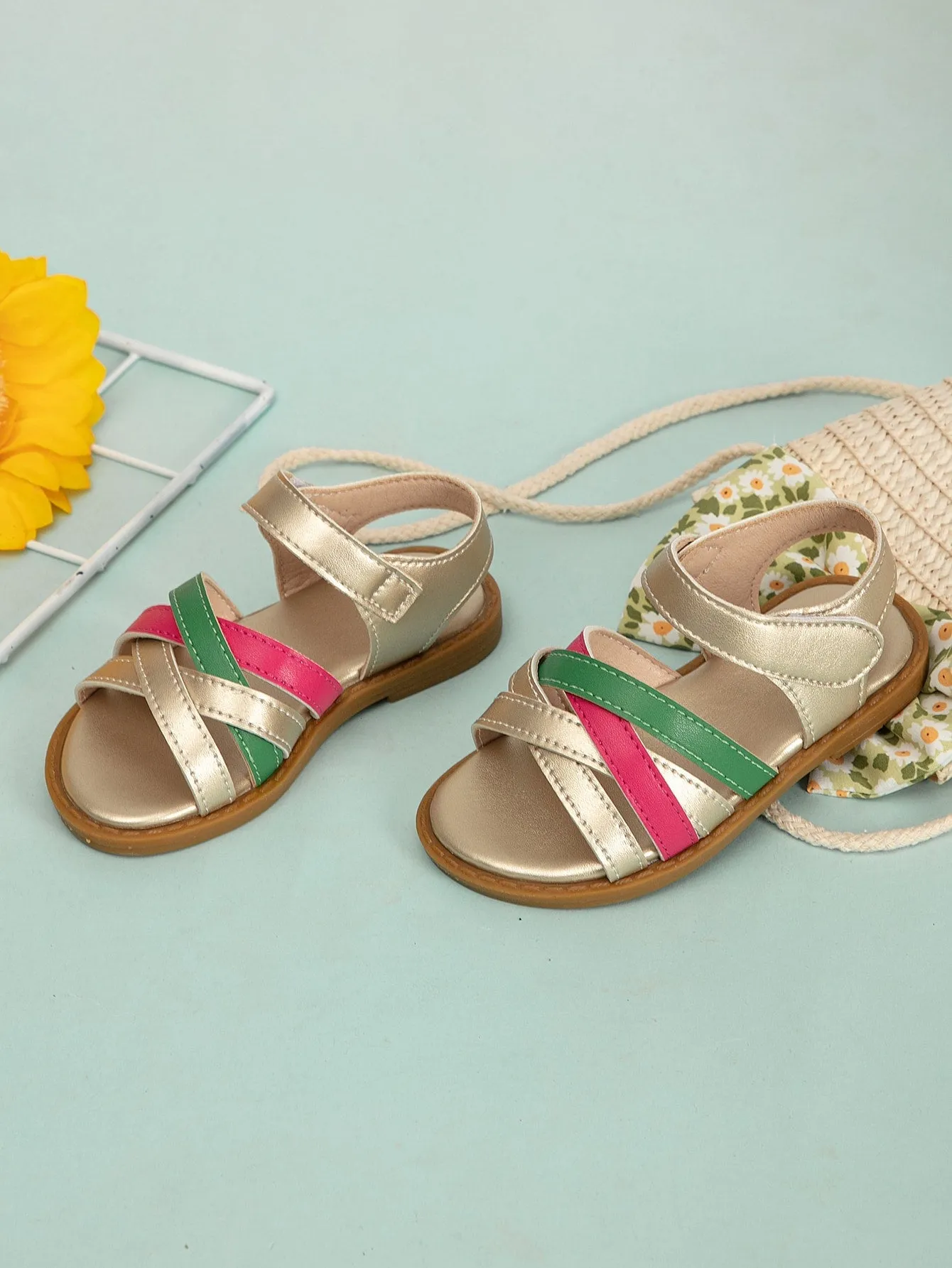 Girls Metallic Color Block Ankle Strap Sandals- FD