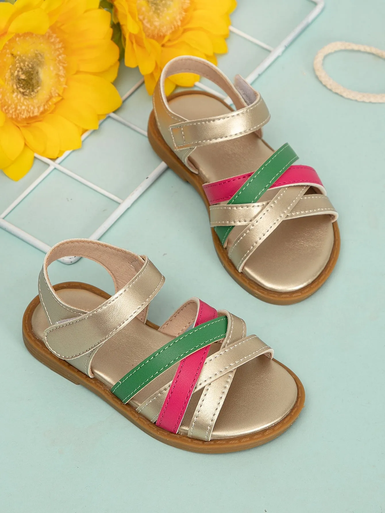 Girls Metallic Color Block Ankle Strap Sandals- FD