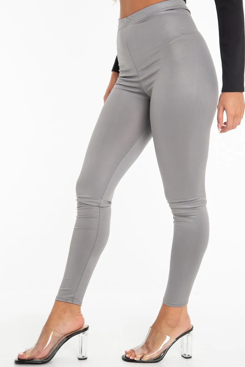 Grey Wet Look High Waist Leggings - Imogen