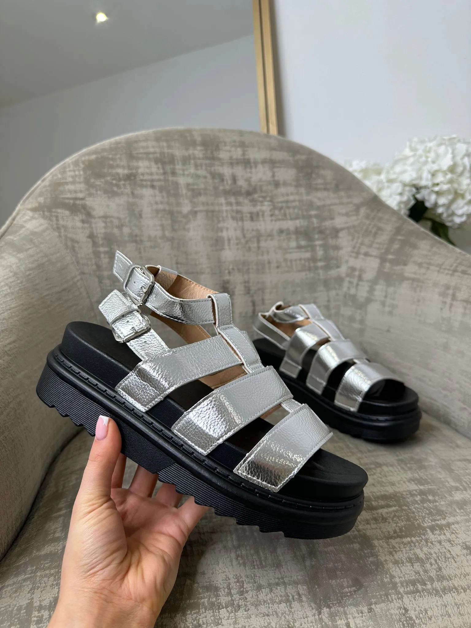 Isla Double Buckle Gladiator Sandals - Silver
