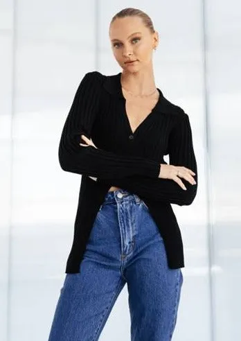 Johnny Collared Knit Top Black
