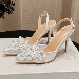 Lace Front Pearl Pointed Party High Heels Sandals