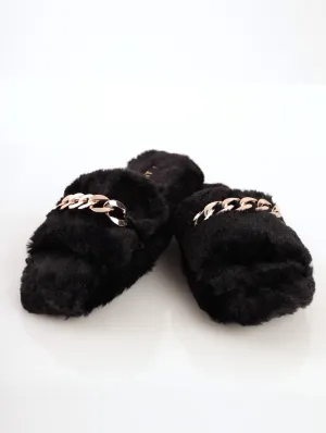 Ladies Chain Mule Chunky Slipper - Black