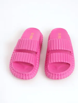 Ladies Ribbed Moulded Chunky Double Strap Mule Sandal - Cerise
