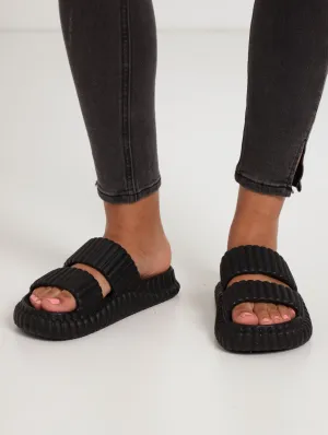 Ladies Ribbed Moulded Chunky Double Strp Mule Sandal - Black