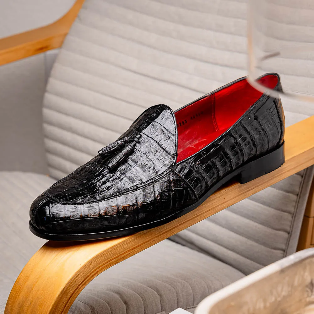 Marco Di Milano Bianchi in Black Caiman Crocodile Tassel Loafers