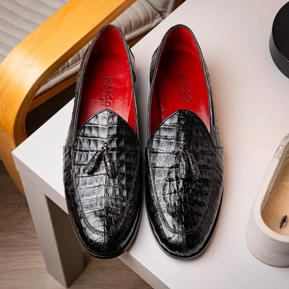 Marco Di Milano Bianchi in Black Caiman Crocodile Tassel Loafers