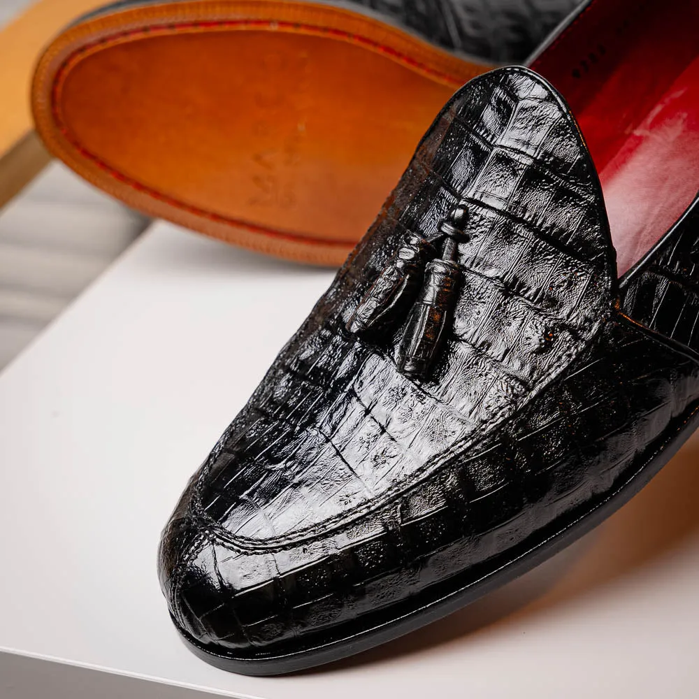 Marco Di Milano Bianchi in Black Caiman Crocodile Tassel Loafers