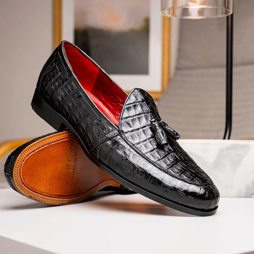 Marco Di Milano Bianchi in Black Caiman Crocodile Tassel Loafers