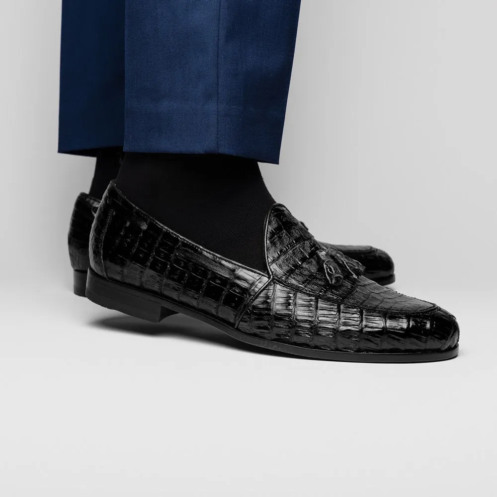 Marco Di Milano Bianchi in Black Caiman Crocodile Tassel Loafers