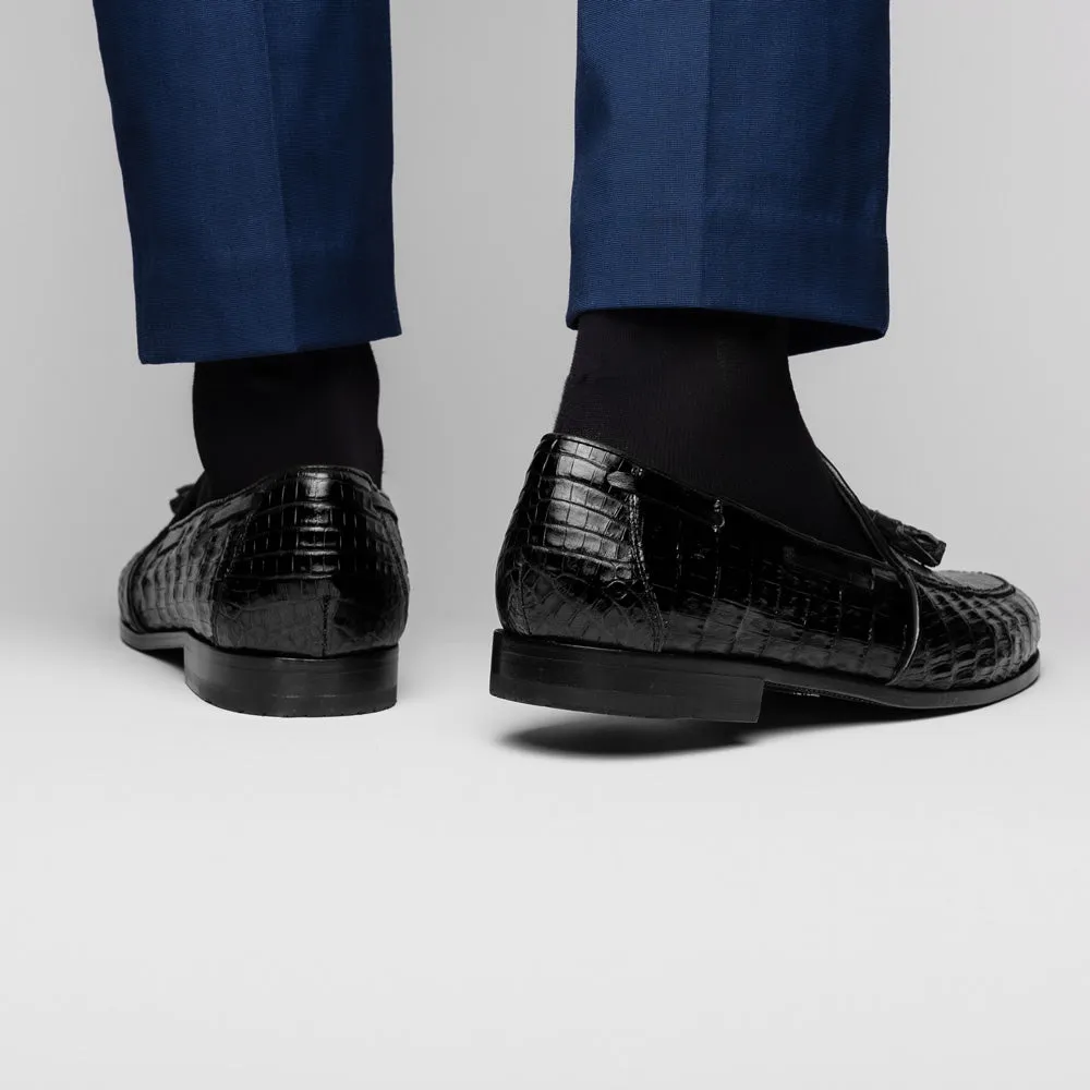 Marco Di Milano Bianchi in Black Caiman Crocodile Tassel Loafers