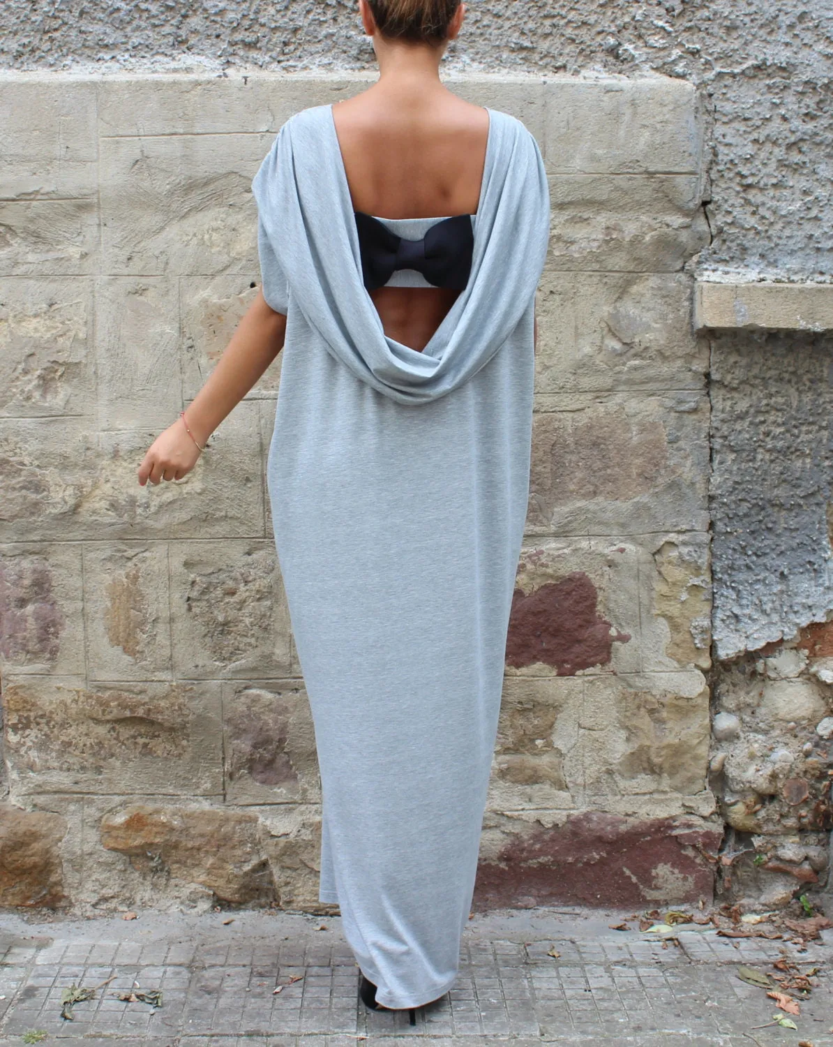 Maternity Bridesmaid Dress With Waterfall Back, Simple Wedding Guest Dress With Open Back, Grey Maxi Dress