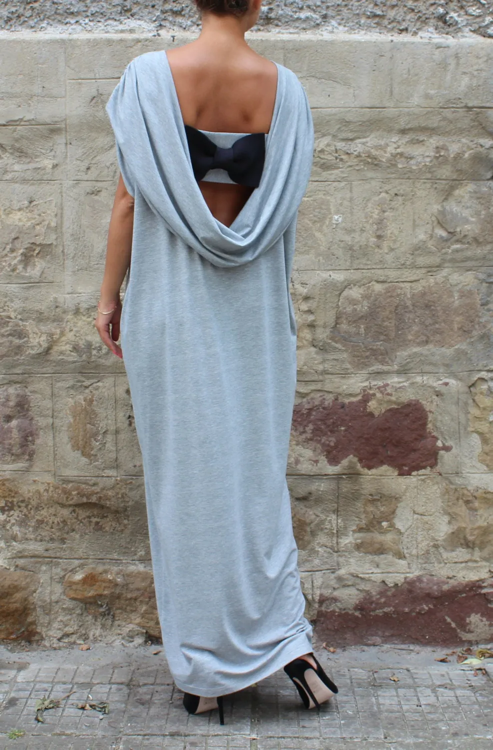 Maternity Bridesmaid Dress With Waterfall Back, Simple Wedding Guest Dress With Open Back, Grey Maxi Dress