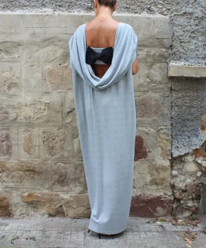 Maternity Bridesmaid Dress With Waterfall Back, Simple Wedding Guest Dress With Open Back, Grey Maxi Dress