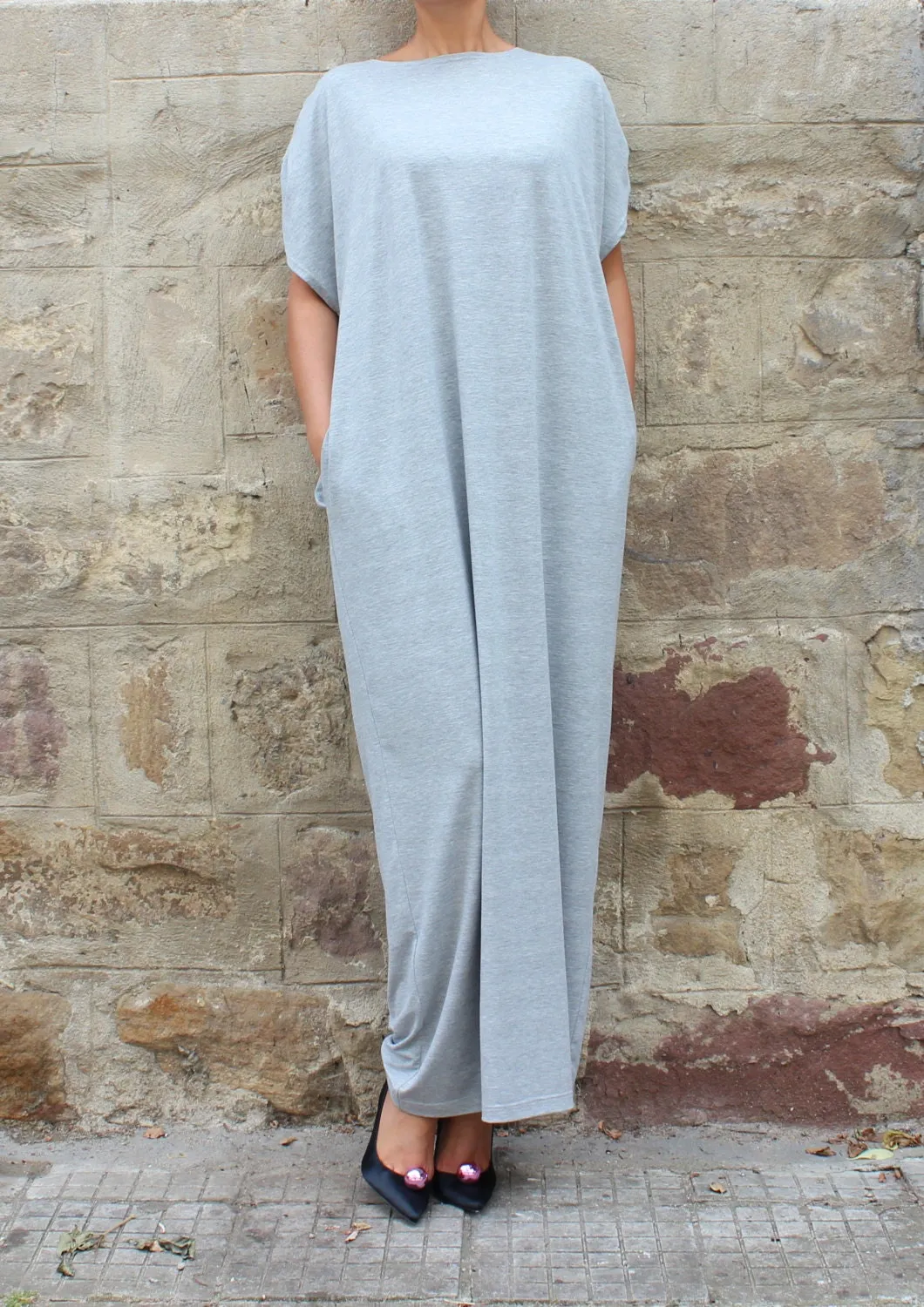 Maternity Bridesmaid Dress With Waterfall Back, Simple Wedding Guest Dress With Open Back, Grey Maxi Dress