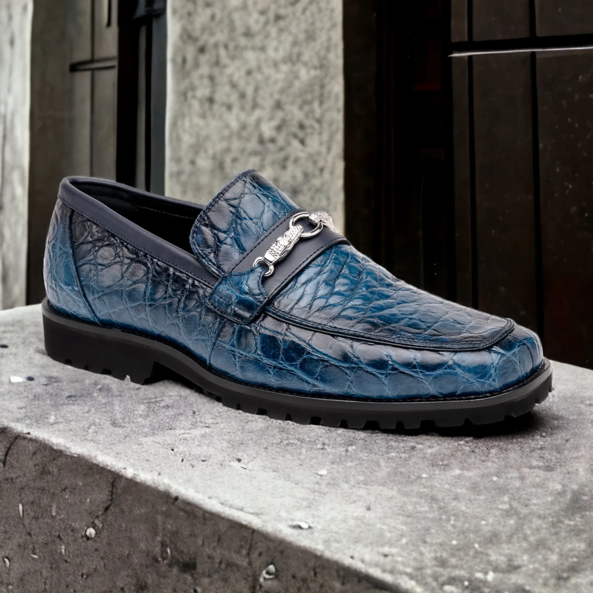 Mauri Debonair in Caribbean Blue / Wonder Blue Mens Exotic Alligator / Nappa Leather Horsebit Loafers