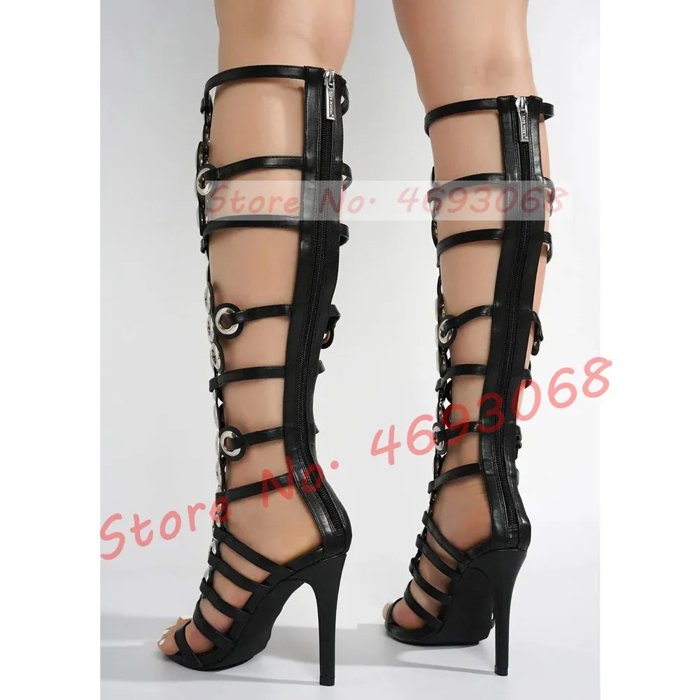 Metal Ring Upper Long Sandals Women Sexy Open Toe Cross Straps High Heels Sandals Ladies Summer Back-zipper Hollow Out Shoes