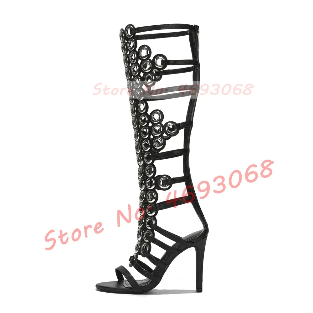 Metal Ring Upper Long Sandals Women Sexy Open Toe Cross Straps High Heels Sandals Ladies Summer Back-zipper Hollow Out Shoes